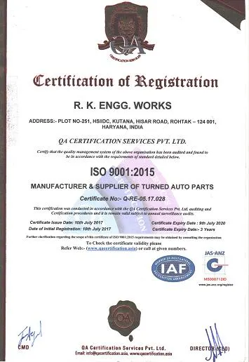 ISO 9001:2015 certificate of registration for R.K. Engg. Works